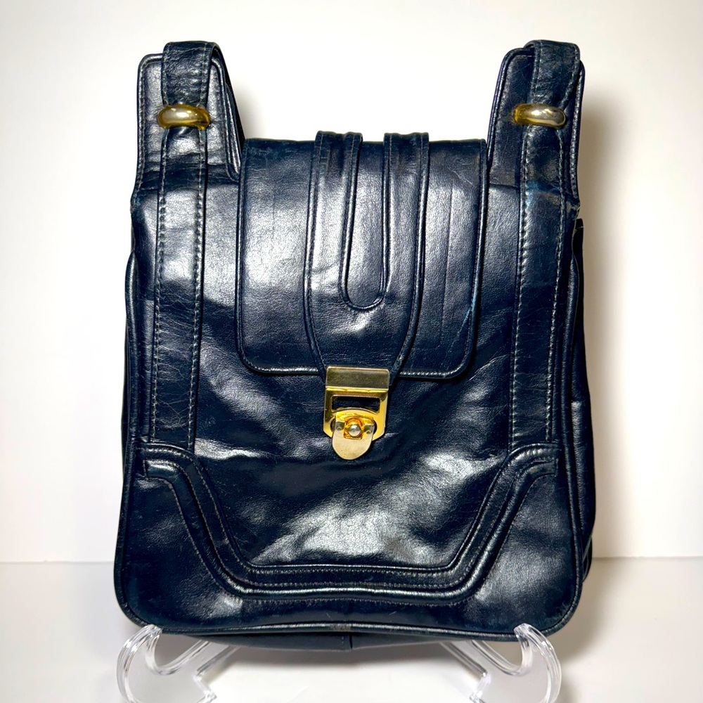 Vintage Leather Purse with Mirror - 3 Pocket Dark Blue/Black with Straps